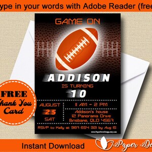 Football Invitation 5x7" | Free Thank you card  -You EDIT with Adobe Reader & PRINT- Instant Download- DIY- Paper Dove Design