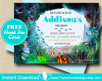 Under The Sea Invitation 5x7" | Underwater | Free Thank you card -You EDIT with Adobe Reader&PRINT-Instant Download-DIY- Paper Dove Design