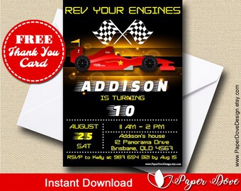 Race Car Invitation 5x7" | Racing Invitation |Thank you card  -You EDIT with Adobe Reader & PRINT- Instant Download-DIY- Paper Dove Design