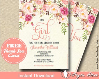 Floral Baby Shower Invitation 5x7" | Boho Chic Invitation | Thank You card -You EDIT with Adobe Reader&PRINT-Instant Download-DIY-Paper Dove