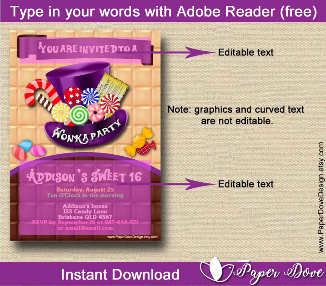 Inspired Willy Wonka Invitation 5x7 Wonka Party Chocolate you EDIT With