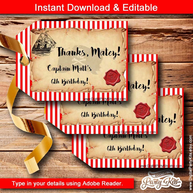 Pirate Favor Tags / Pirate Gift Bag Tags / Pirate Thank You Tags EDITABLE & PRINTABLE Instant Download by DigitalPartyKits image 1