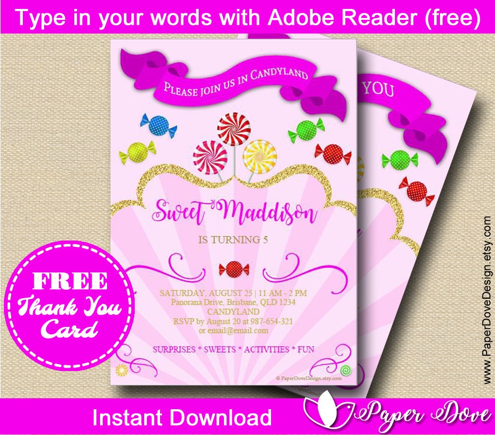 Candy Invitation 5x7 Sweet Shoppe Invitation Thank you card You EDIT ...