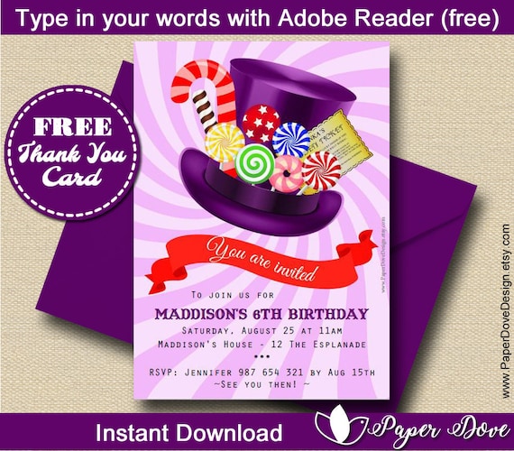 Inspired Willy Wonka Invitation 5x7 Wonka Party Etsy