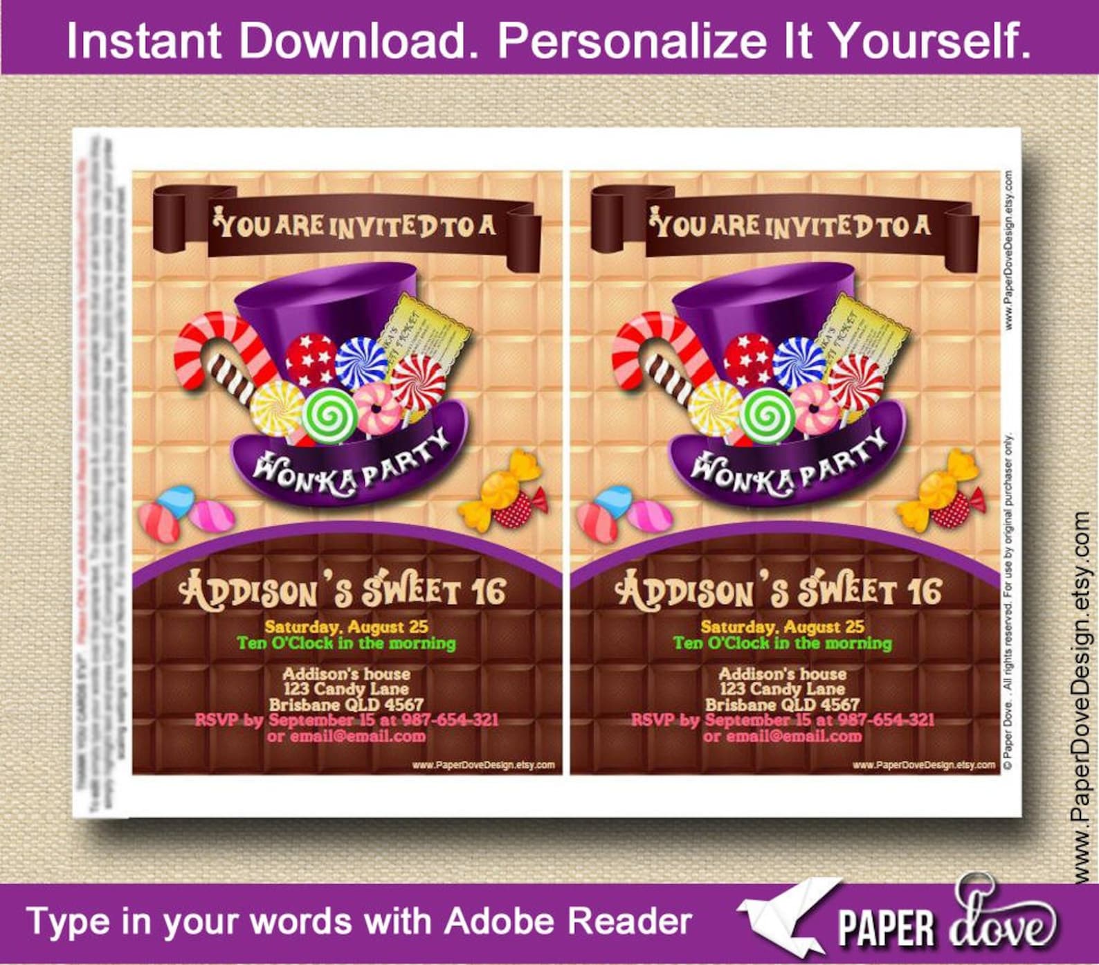 Inspired Willy Wonka Invitation 5x7 Wonka Party Etsy