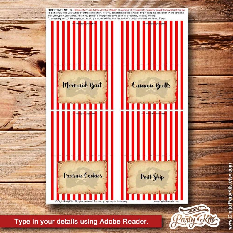 Pirate Party Food Labels / Placement Cards EDITABLE & PRINTABLE Instant