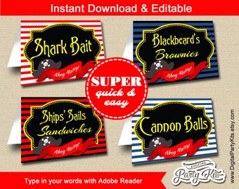 Pirate Food Labels | Pirate Place Cards | Pirate Placement Cards - You EDIT with Adobe Reader & PRINT - Instant Download