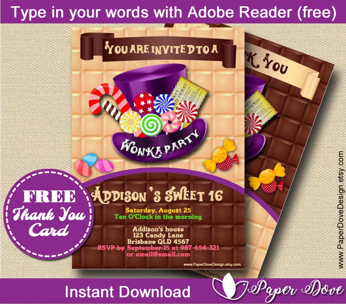 Inspired Willy Wonka Invitation 5x7 Wonka Party Chocolate you EDIT With ...