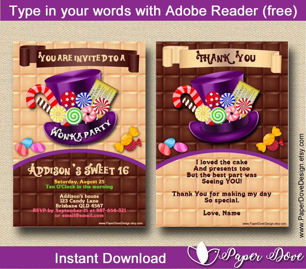 Inspired Willy Wonka Invitation 5x7 Wonka Party Chocolate you EDIT With