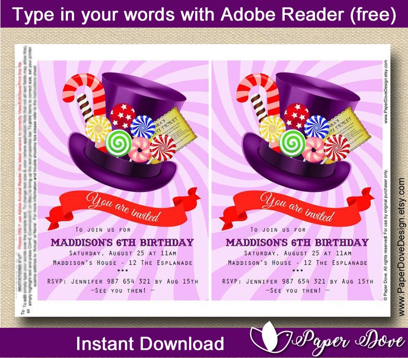 Inspired Willy Wonka Invitation 5x7 Wonka Party Chocolate you EDIT With ...