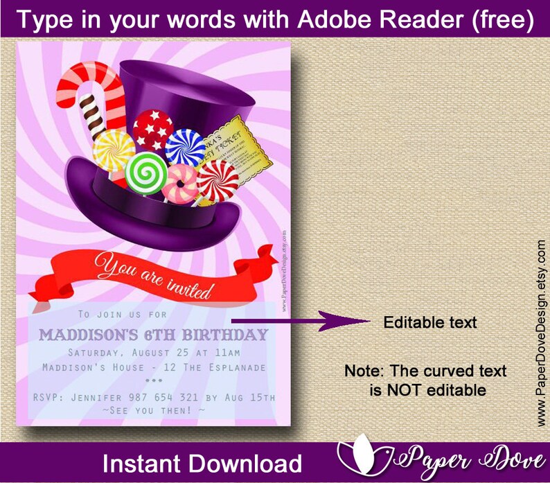 Inspired Willy Wonka Invitation 5x7 Wonka Party Chocolate you EDIT With