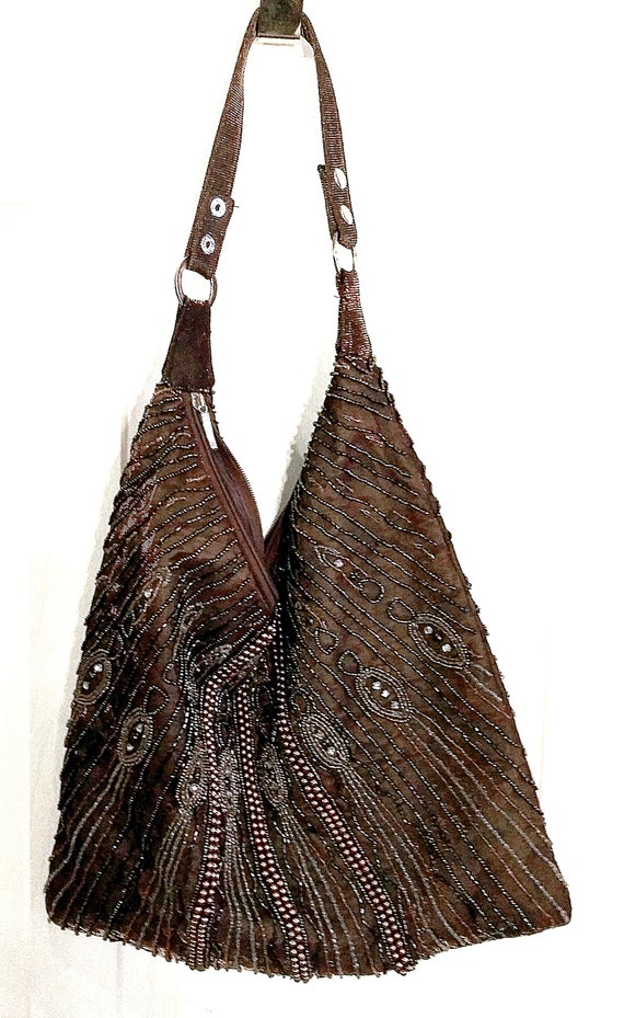 Vintage Brown Beaded Handbag, Beaded Purse, Hobo … - image 4