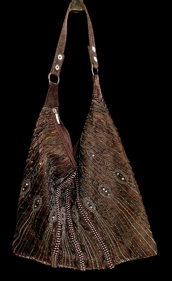 Vintage Brown Beaded Handbag, Beaded Purse, Hobo … - image 7
