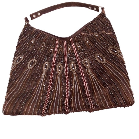 Vintage Brown Beaded Handbag, Beaded Purse, Hobo … - image 3