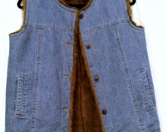 Denim Faux Fur Reversible Vest,  Gift For Her, Vintage Brown Faux Fur and Denim Vest, Size Small Winter Vest, 90's Denim Vest, Jean Fur Vest