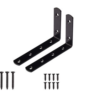 May include: Two black metal L-shaped brackets with six screw holes each, along with eight black screws and four white plastic anchors.