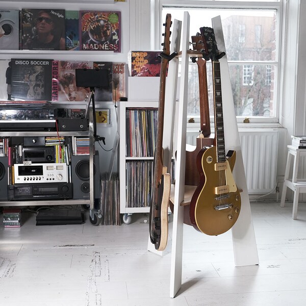 Ruach GR-1 Wooden 3 Way Multi Guitar Stand Display Rack, Handmade from Mahogany - Birch/White