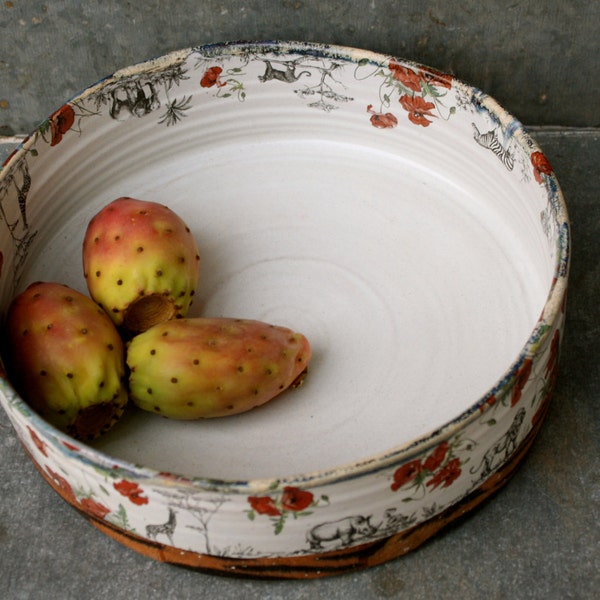 Safari Casserole - Handmade Pottery - Ceramic baking dish -  Serving Dish - Tiger Pattern, Red flowers and Wild Animals