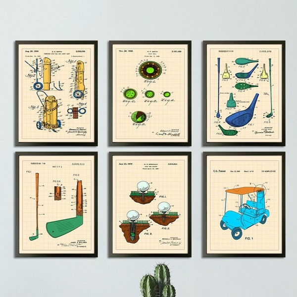 Vintage-Inspired Golf Patent Art - Set of 6 Colorful Prints for the Golf Enthusiast's Perfect Gift