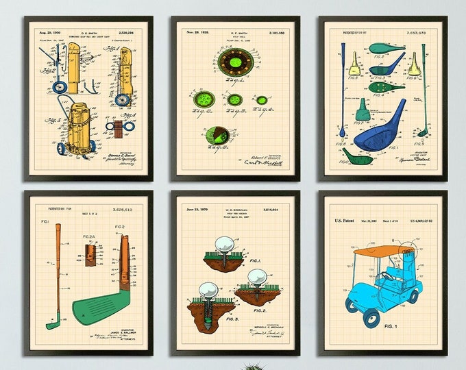 Vintage-Inspired Golf Patent Art - Set of 6 Colorful Prints for the Golf Enthusiast's Perfect Gift