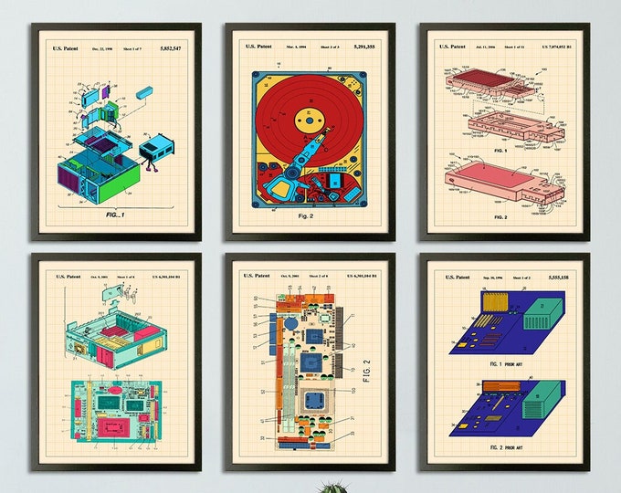 Tech Nostalgia: Vintage Computer Patent Art - Set of 6 Colorful Prints for Computer Enthusiasts Colorful Computer Wall Art Set of 6