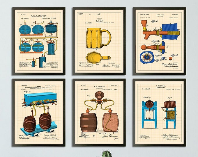 Vintage Beer Production Patent Art Prints - Set of 6 for Beer Enthusiasts Beer Production Patent Art Prints Vintage Wall Art Brewery Patents