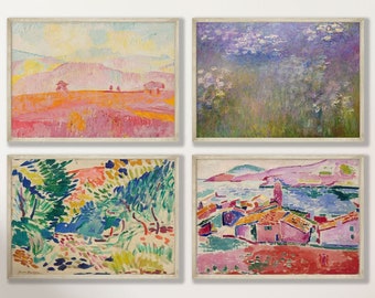 Serenity in Pink: Set of 4 Landscape Prints by Henri Matisse, Amiet Cuno, and Claude Monet | Pastel Art Collection for Tranquil Home Decor!