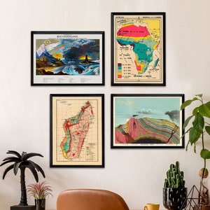 Timeless Treasures: Set mit 4 Vintage geologischen Illustrationen und Karten Afrikanischer Regenwald Karte Madagaskar Karte Interessantes Set mit 4 Karten