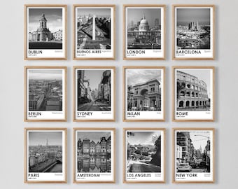 City Travel Photos Bundle | Set of 12 Black and White Cityscape Prints | Travel Wall Art Collection