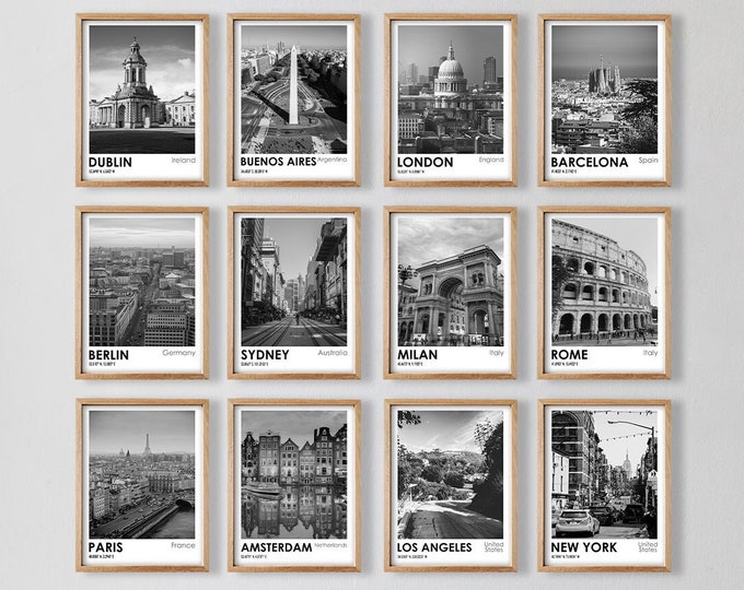 City Travel Photos Bundle | Set of 12 Black and White Cityscape Prints | Travel Wall Art Collection