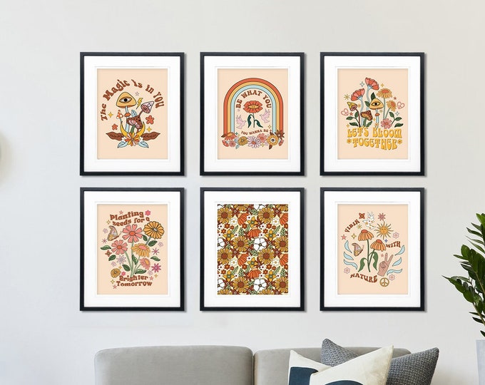 Retro Groovy Floral and Positive Quote Motivational Art: Expressive Floral Prints Set of 6 Posters