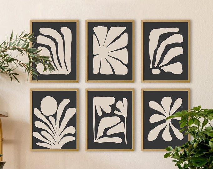 Beige and Black Floral Print Set of 6 Botanical Wall Art Prints Elegant Blooms: Beige and Black Floral Print - Botanical Wall Art Collection