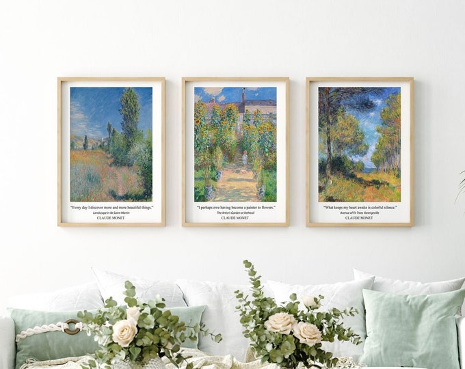 Claude Monet Set of 3 Prints Embrace the Timeless Beauty of Monet featuring Stunning Paintings and Inspirational Quotes Enhance Your Space