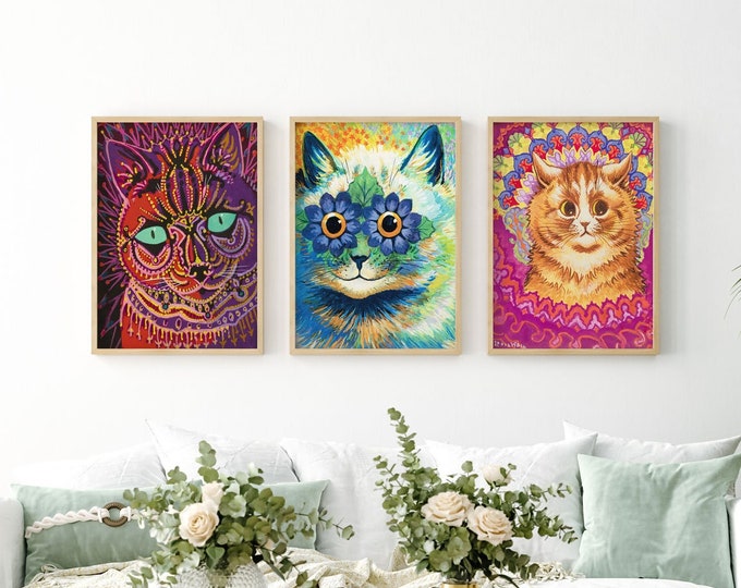Captivating Cat Portraits Psychedelic Cat Prints Set of 3 by Louis Wain Captivating Cat Portraits by Louis Wain Whimsical Feline Set of 3