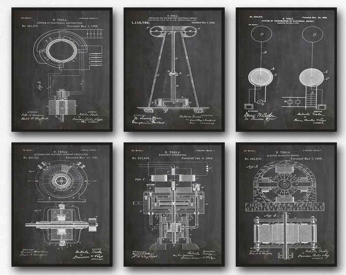 Tesla Posters Art Gift For Him Engineering Patent Wall Art Set of 6