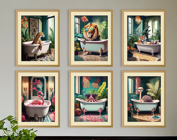 Whimsical Animal Bathtub Art - Charming Watercolor Prints of Playful Creatures Enjoying Bath Time - Unique Bathroom Decor and Gift Idea