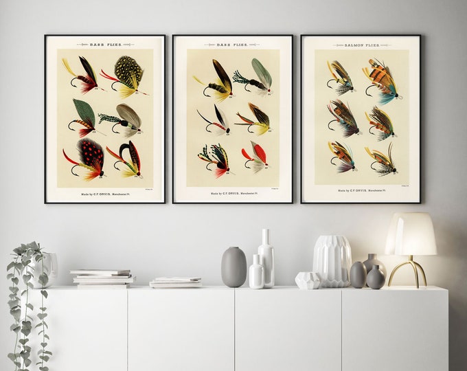 Fishing Decor Set of 3 Vintage Style Fishing Illustrations Fishing Fly Wall Art Fishing Tackle Fisherman Art Fishing Gift for Fisherman Gift