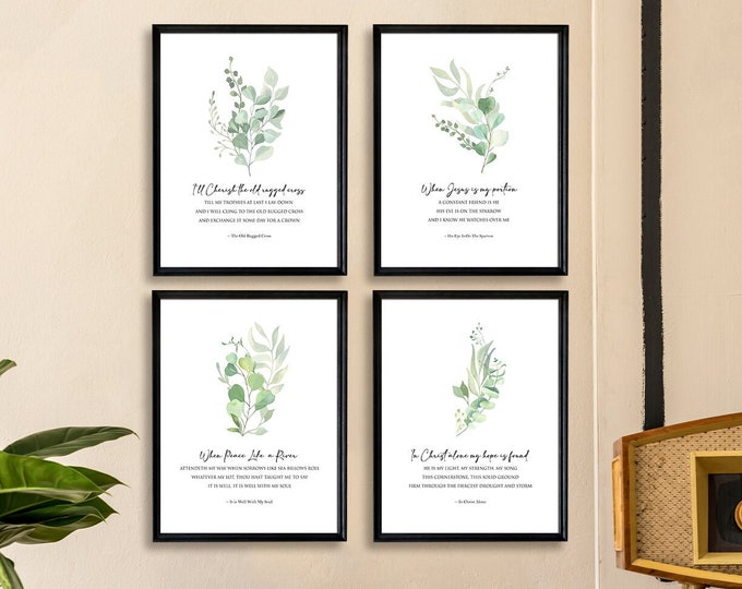 Spiritual Inspiration Set of 4 Hymn Quote Posters for Home Decor Bible Song Quotes Uplifting Hymn Quotes for Inspirational Home Decor