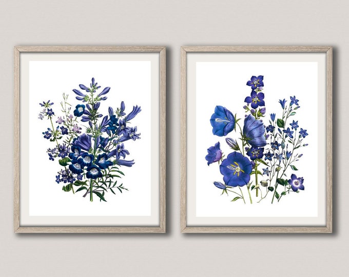 Kitchen Flower Prints Set of 2 Flower Posters Blue Flower Decor Blue Flower Wall Art Blue Posters Living Room Decor Flower Decor WBOT102-103