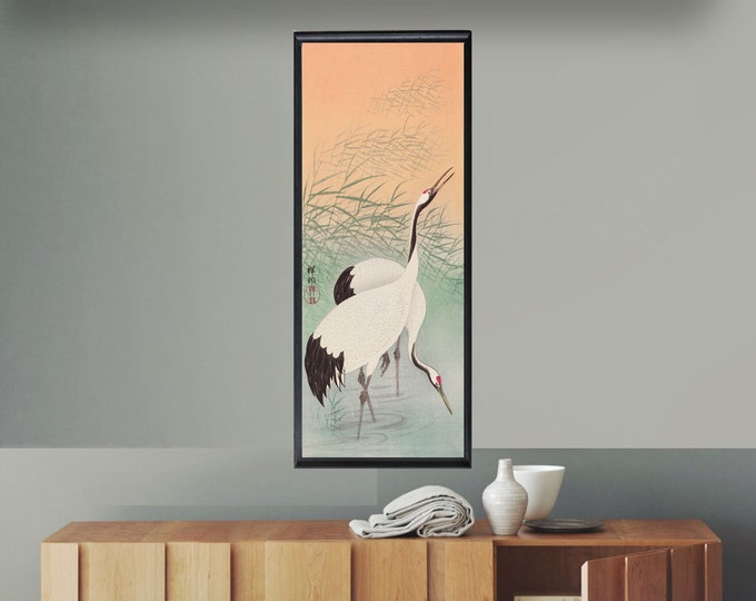 Two Cranes Woodblock Poster Japanese Decor Vertical Art Print of Birds Poster Statement Piece Graceful Harmony of Two Cranes Woodblock Print