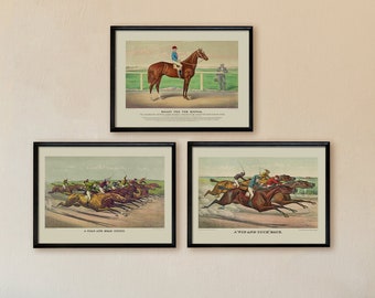 Racing Legends  Set of 3 Horse Racing Portraits from the 1800s for Home Decor Timeless Elegance: Horse Racing Portraits Vintage Wall Decor