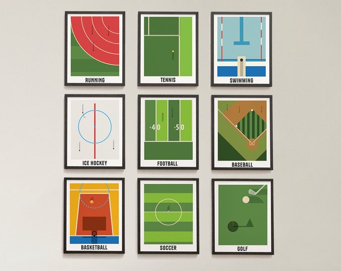 Vibrant Sports Fields Layout and Markings Prints - Perfect Wall Decor for Clubhouses and Bedrooms - Set of 6 Sports Field Prints retro style