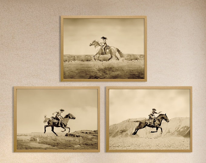 Graceful Trio: Set of 3 Majestic Horses and Ponies in Full Gallop - Stunning Wall Art for Horse Lovers