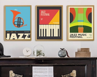 Vibrant Jazz Festival Posters - Set of 3 Colorful Music Room Prints - Perfect Wall Art for Jazz Enthusiasts and Music Lovers