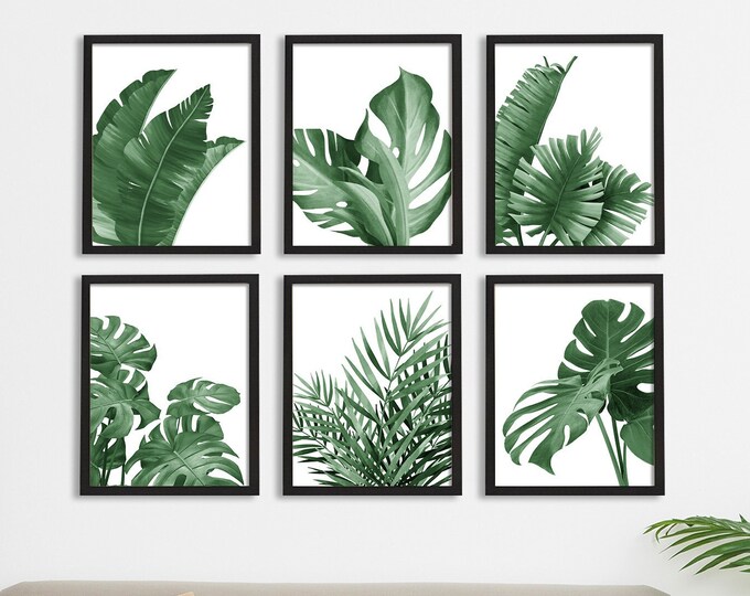 Tropical Leaves Wall Art Set of 6 Posters- Nature-Inspired Green Themed Room Decor - Lush Botanical Leaves Wall Art for Home & Office Decor