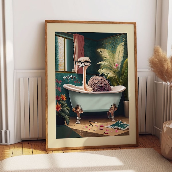 Whimsical Ostrich Bathtub Art - Charming Watercolor Prints of Playful Ostrich Enjoying Bath Time - Unique Bathroom Decor and Gift Idea