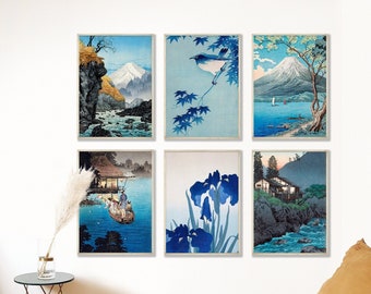 Blue Japanese Woodblock Posters Nature Paintings Set of 6 Posters Evoke Serenity with Blue Japanese Woodblock Posters Nature-Inspired