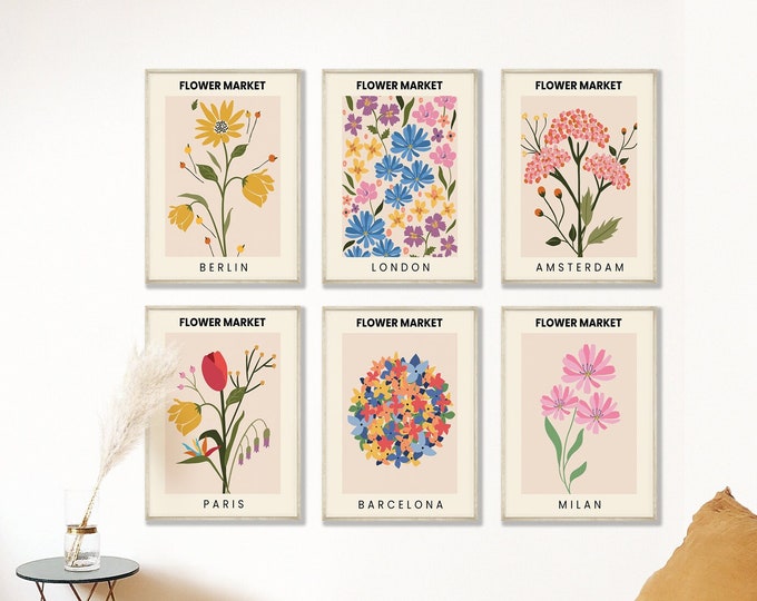 Flower Market Prints Set of 6 -  Vintage Flower Gallery Prints - Minimalist Botanical Wall Posters, Floral Bedroom Decor Aesthetic Blooming