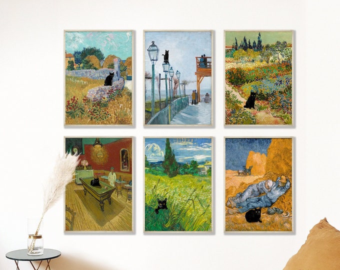 Black Cat on Famous Van Gogh Paintings Set of 6 Cats on Oil Painting Reproductions Cute Kitty Wall Art Cat Owner Gift Funny Posters