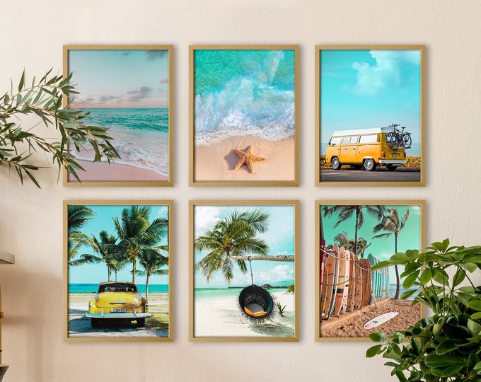 Tropical Paradise Art Print Set of 6 prints for Home - Caribbean Holiday Vibes: Beach Scene with Palm Trees, White Sands, and Camper Van